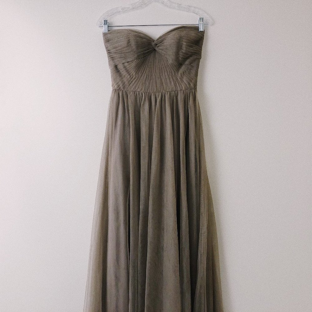 strapless Kleinfeld toffee bridesmaid gown